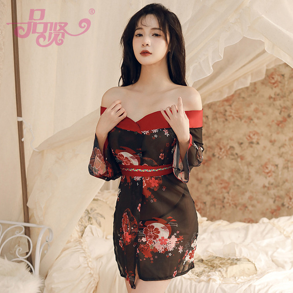 A woman models a pinxian sexy off-shoulder kimono sheer open cardigan set, featuring japanese-inspired floral patterns and an...