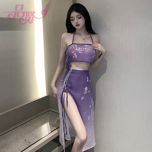 Vintage-inspired sheer purple lingerie set featuring floral patterns, perfect for retro role play costumes.