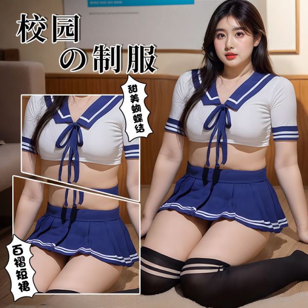 Model wearing playful japanese schoolgirl costume set with cute color-block collar, plus size friendly lingerie outfit for ro...