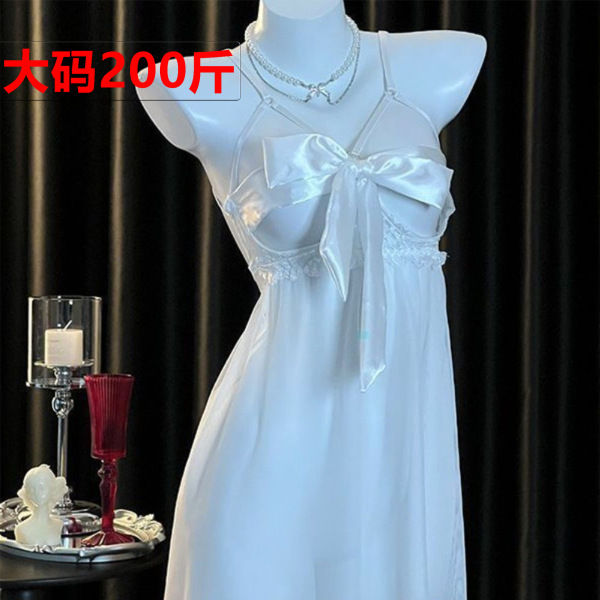 White plus size lace chemise set with satin bow, delicate straps, and elegant ties—sexy sleepwear for bedroom allure.