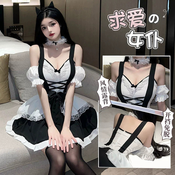 Sexy maid costume outfit featuring black and white design, lace details, and thigh-high stockings. perfect for role play and ...
