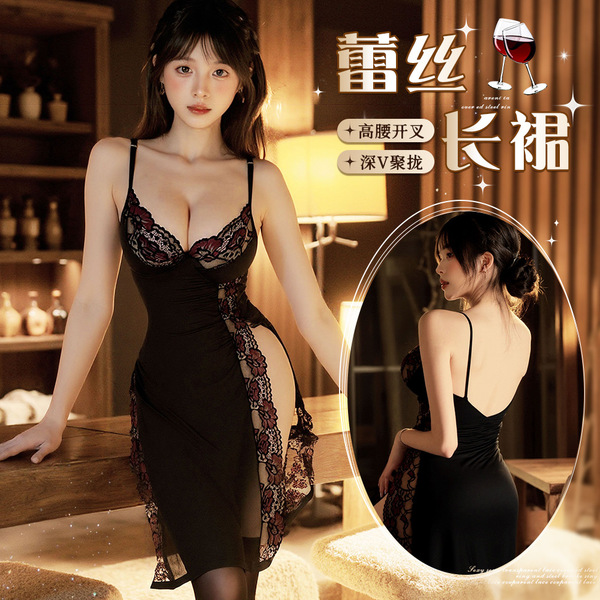 Sexy lace cami dress with high-cut cups and deep v-neckline, perfect for evening wear or sleepwear. features ， 。