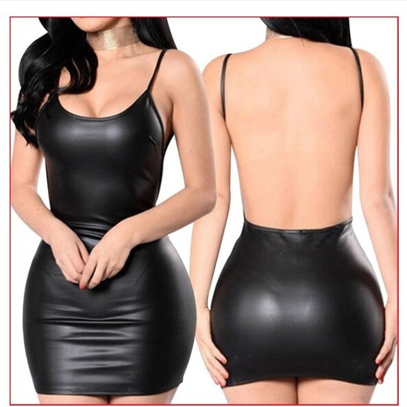 Black backless pvc mini dress with thin straps, form-fitting design for nightclub or role play.