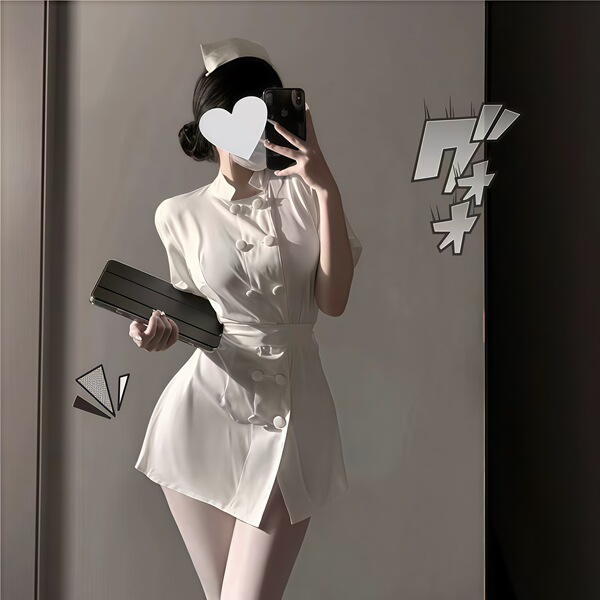 A woman poses in a white nurse costume set, featuring a silky skirt with ties and buttons, embodying elegance and allure.