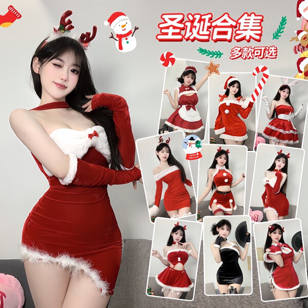 Sexy christmas lingerie set for women, plus size new year eve costume, bunny outfit with red velvet dress and white fur trim