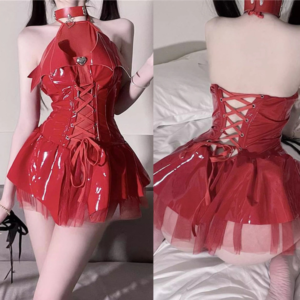 Genuine pu leather devil costume set - seductive role play lingerie outfit for women featuring a halter top with corset desig...