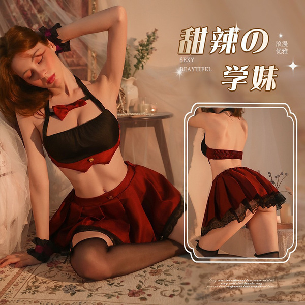 Sexy student roleplay lingerie featuring a red bow and pleated skirt, perfect for jk uniform sets.