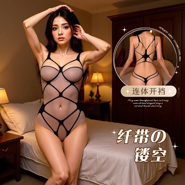 A woman poses in a sheer mesh bodysuit with an open back design, featuring intricate lace patterns and straps. the outfit hig...