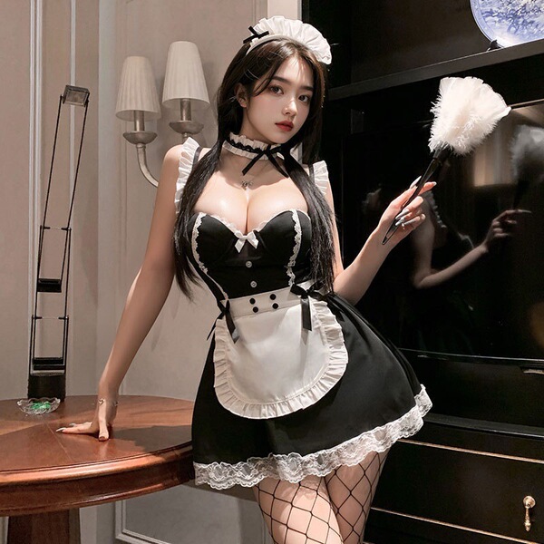 Sexy maid outfit featuring lace push-up corset, padded cups, and matching sleepwear set.