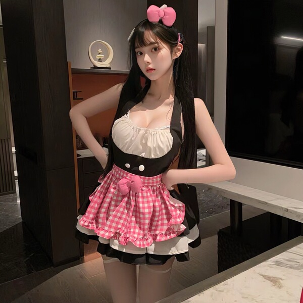 Pure & Playful Maid Costume Set - Cute Flirty Role Play Outfit with Plaid Skirt, QQNY Style