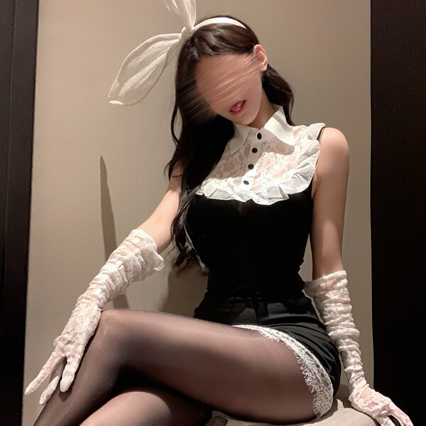 Elegant black bodycon dress with white lace collar and cuffs, perfect for a seductive bunny costume. ideal for small busts.