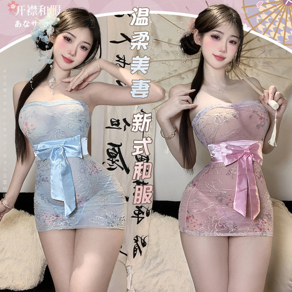 Pure & seductive lace kimono sleep set featuring sheer floral print bodysuit and bodycon nightdress with matching bralette, p...