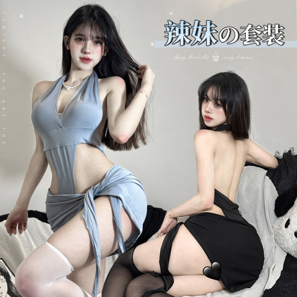 Two women modeling the luxury pure-sensual lingerie set: a blue open-crotch bodysuit and black bodycon slip dress.