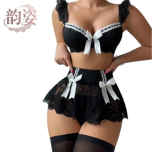 Sexy black lace bikini set with white bows, perfect for summer sleepwear.