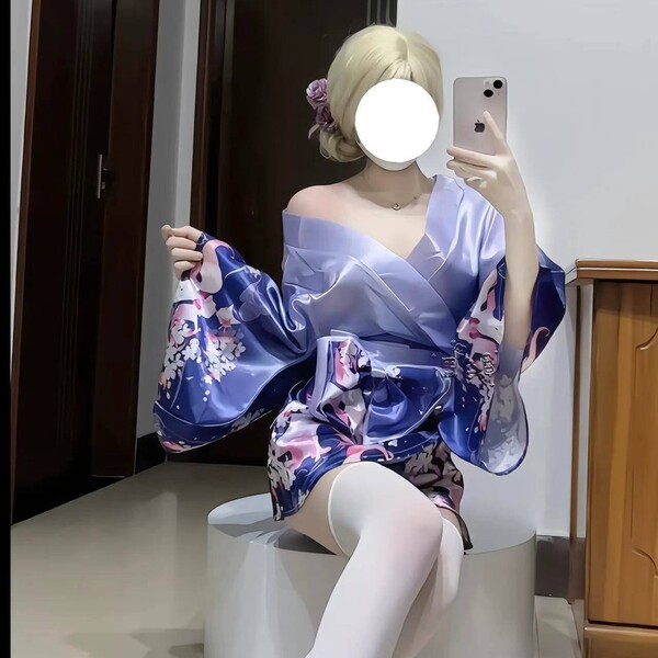 Pure Temptation Women's Lingerie Set - Deep V Japanese Kimono Style Cosplay Outfit with Floral Fox Dream Design