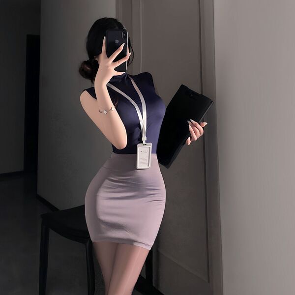 Woman in sleek secretary skirt and navy top, holding folder and phone, wearing id lanyard — pure & tempting lingerie set for ...