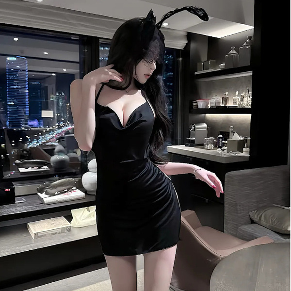 Pure & Tempting Women's Sexy Lingerie Set - Bodycon Sleepwear with Halter Neck & Sheer Black Stockings