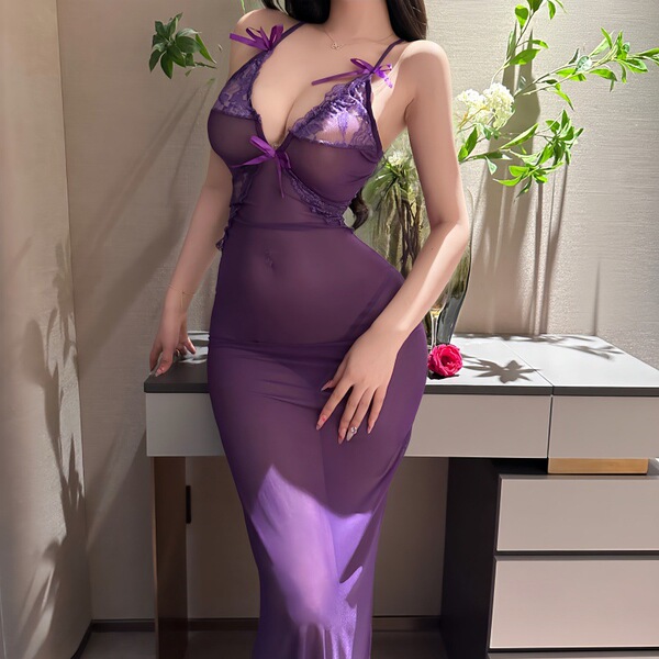 Purple V-Neck Sheer Lace Nightgown - Seductive Bird Moon-Themed Lingerie Set for Date Night & Sleep