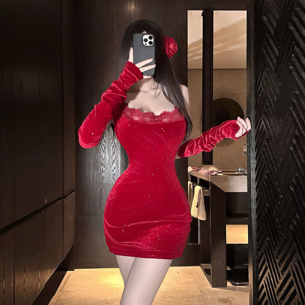 Red velvet dress with lace trim, bodycon fit, strapless design, perfect for festive occasions.