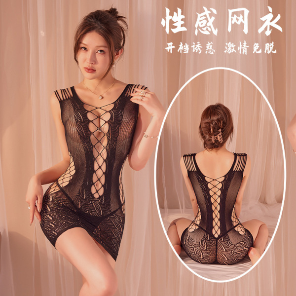 Woman modeling qingyege sheer mesh bodysuit with open-crotch design and matching stockings, front and back views shown.