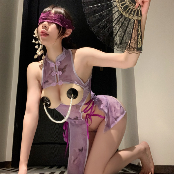 QQNY Silk Cheongsam Lingerie Set – Seductive Open-Crotch Bralette & Matching Robe for Date Night Romance