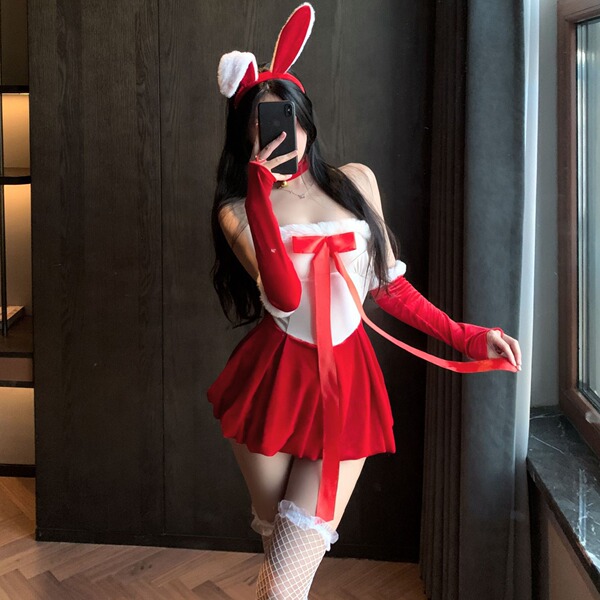 Rabbit Girl Lingerie Sleepwear Set - Sexy Holiday Costume with Bow & Ties, Easy-On Naughty Pajamas
