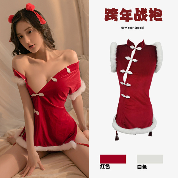 Red lace lingerie set featuring new year chinese qipao costume with tassels, perfect for role play and sexy outfits.