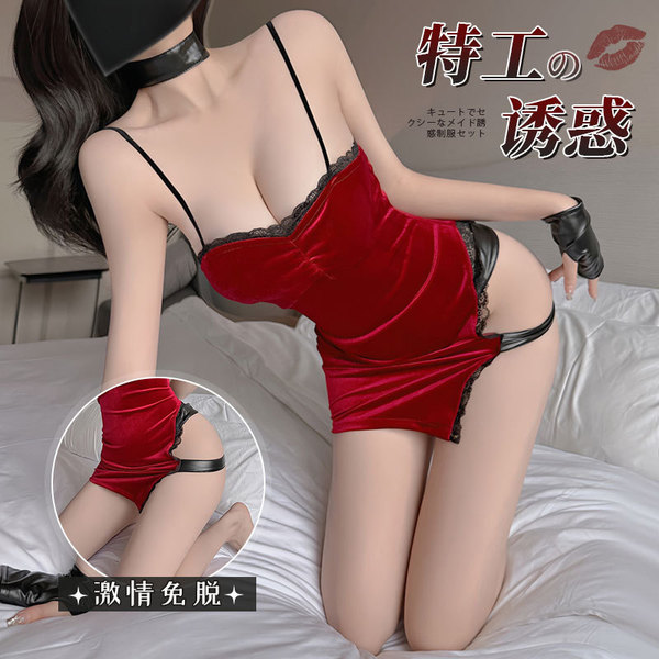 Red velvet sexy cheongsam dress - slit bodycon agent costume for new year & cosplay, featuring lace details and thigh-high st...