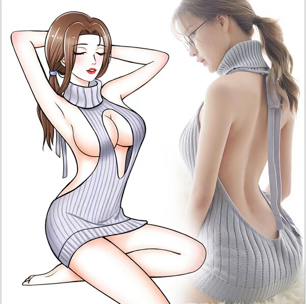 Romantic sheer lace lingerie set featuring open-front backless knit sweater and mini skirt sleepwear outfit.