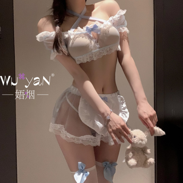 Woman wearing white lace maid sleepwear set with blue bows, sheer skirt, and thigh-high stockings holding a plush bunny.
