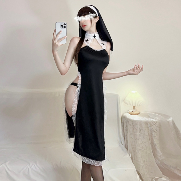 Seductive Nun Costume Set - High-Cut Lingerie Outfit for Role Play, Couples Intimacy & Sensual Dress-Up
