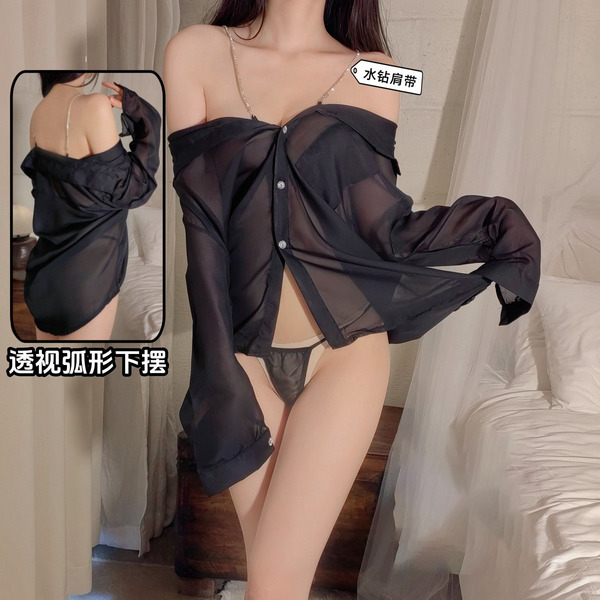 Seductive sheer chiffon sleepwear set with delicate lace trim, elegant design for pure allure and temptation.