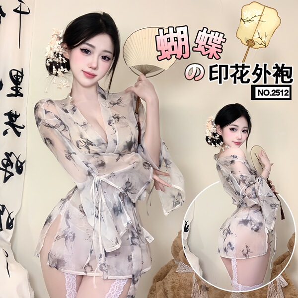 Sensual butterfly print sheer kimono robe set - deep v-neck lace-up sleepwear & lounge ensemble, featuring delicate floral pa...
