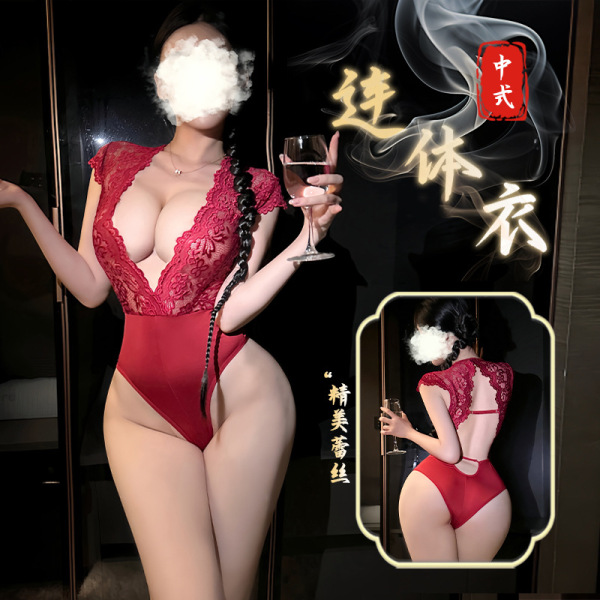 Woman in red lace bodysuit holding wine glass, showcasing sensual open-crotch mesh sleepwear with intricate detailing.