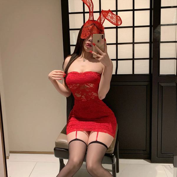 Sensual lace off-shoulder corset dress with red bunny ears, provocative sheer cutouts, perfect bodycon fit for date night.