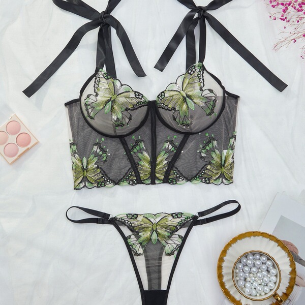Sensual lace sheer lingerie set with green butterfly embroidery, featuring a transparent bra and matching thong for women.