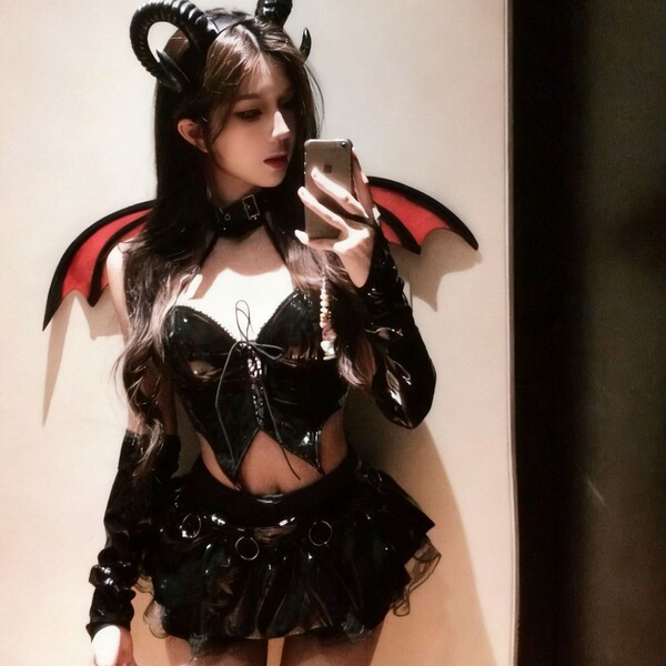 Sexy anime devil lingerie set - pu leather corset with cut-outs & ties, featuring devil horns and wings for a seductive allur...