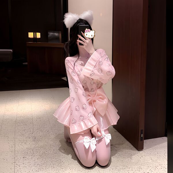 Sexy backless sleep dress featuring kawaii japanese-inspired design with floral print, bow accents, and fluffy cat ears for p...
