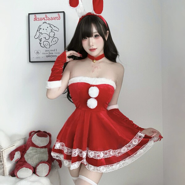Sexy christmas bunny costume for women - festive new year cosplay outfit & holiday lingerie set featuring red dress with whit...