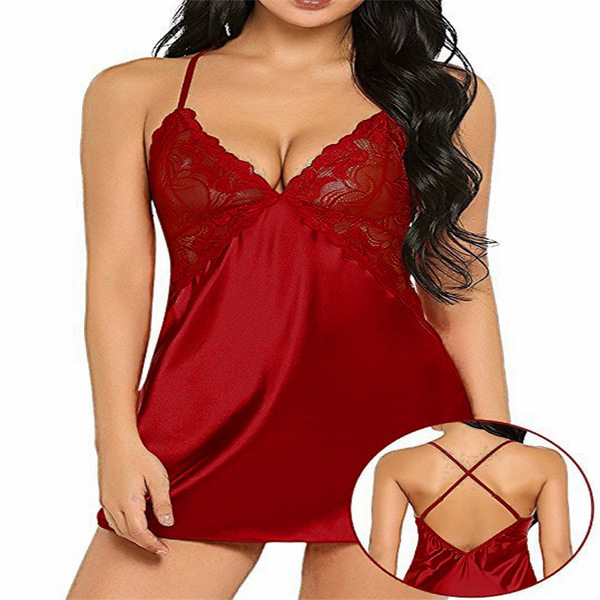 Sexy european-style lace sleep dress set with crisscross back straps – breathable imitation silk intimate nightwear