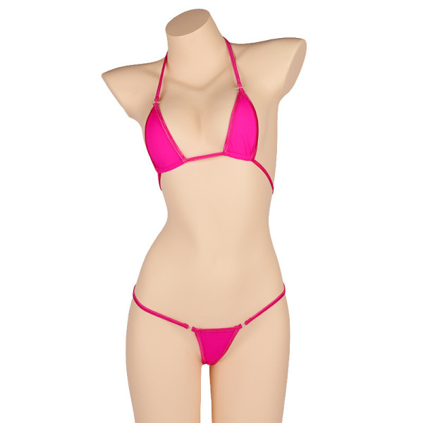 Sexy ice silk sheer bikini lingerie set in vibrant pink, featuring a delicate bra and matching panty for women.