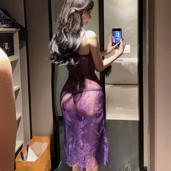 Sexy lace nightwear set for women featuring transparent sheer mesh design, suspender straps, and provocative uniform style.