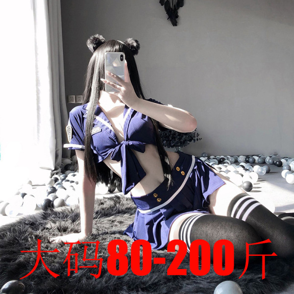 Woman modeling sexy police uniform lingerie set with skirt, featuring seductive design and easy-on fit for role play.