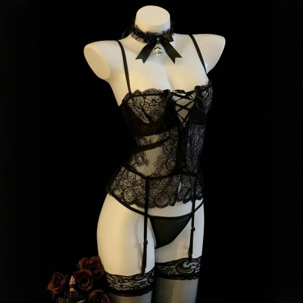 Black lace push-up lingerie set with garters and choker, designed for small busts. perfect midnight passion ensemble for inti...