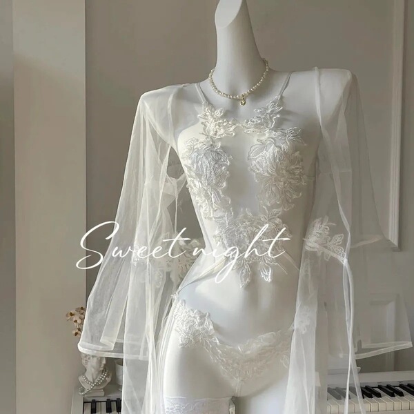 White sheer lace bodysuit with floral embroidery, long sleeves, and matching necklace—elegant bedroom-ready set for summer ni...