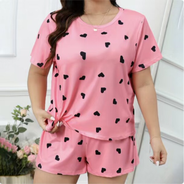 Trendy womens sexy print lounge set – loose short sleeve top & shorts, perfect for stylish at-home comfort with heart pattern...