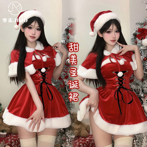 Two models wearing festive christmas red velvet lingerie sets, featuring santa hats and waist cinching capes, perfect for hol...