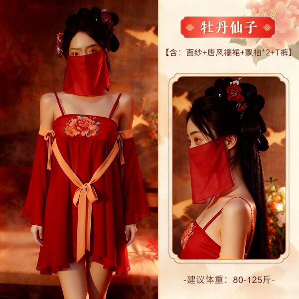 Vintage Chinese Court-Style Lingerie Set – Peony & Hanfu-Inspired Silk Robe with Veil and Sheer Tang Dynasty Skirt