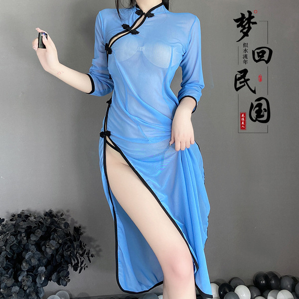 Vintage chinese-inspired sheer side-slit lingerie dress featuring hanfu-style design, perfect for modern qipao costume.