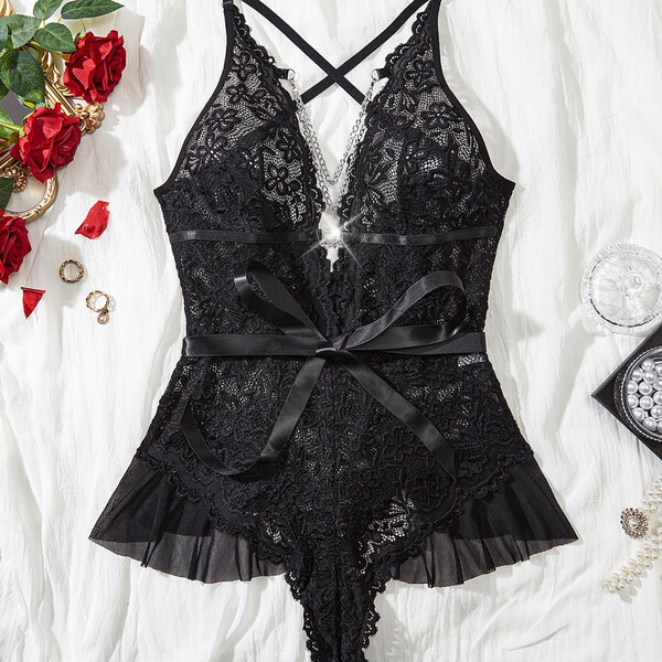 Womens full lace bodysuit - sheer sexy lingerie for women, elegant erotic underwear with intricate lace design and belt detai...